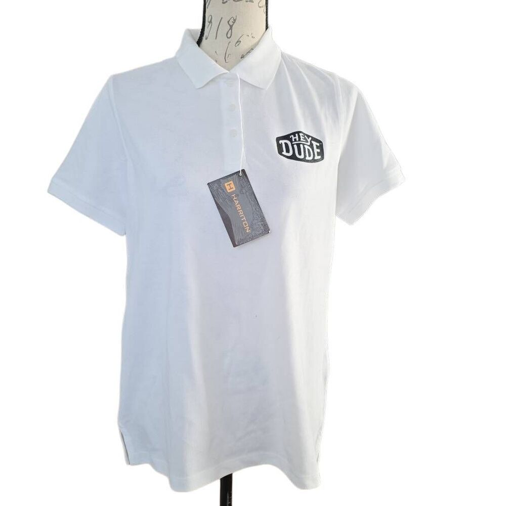 Hey Dude Womens Size Medium White Black Logo Polo Shirt